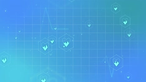 의료 아이콘의 애니메이션과 파란색 배경의 그리드 상의 데이터 처리