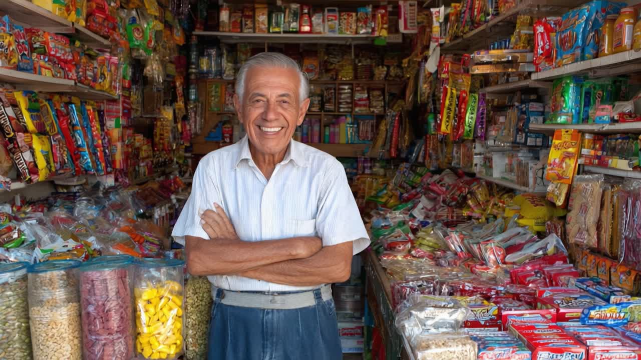 A Smiling Elderly Man Proudly Stands Amidst a Colorful Array of Snacks and Goods in a Charming Local Shop Filled with Diverse Treats and Delicacies