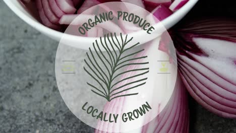 animation of organic produce locally grown text banner over bowl of chopped onions on grey surface