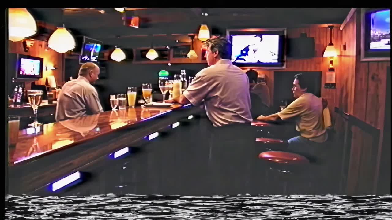 Cozy bar scene with patrons seated at a wooden counter, viewed from a low angle