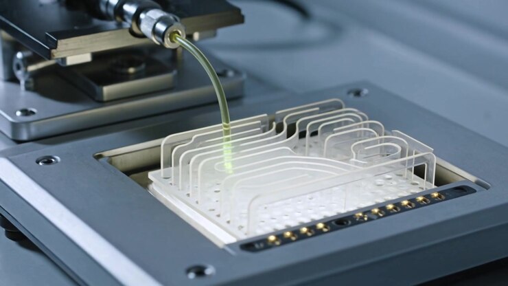 Dispensing dispense head filling green fluid into microfluidic chip in lab after command, gold pads