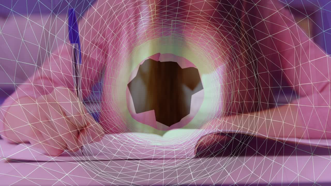 Animation of moving shapes over caucasian schoolgirl taking notes