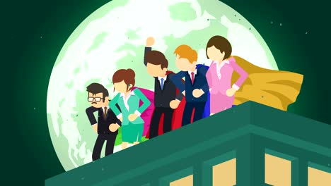 superheroes in moonlight city. standing over skyscraper. business team symbol. teamwork and leadership concept. comic loop animation.