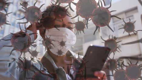 animación de células de macro coronavirus covid-19 que se propagan sobre una mujer que usa una máscara facial en la calle