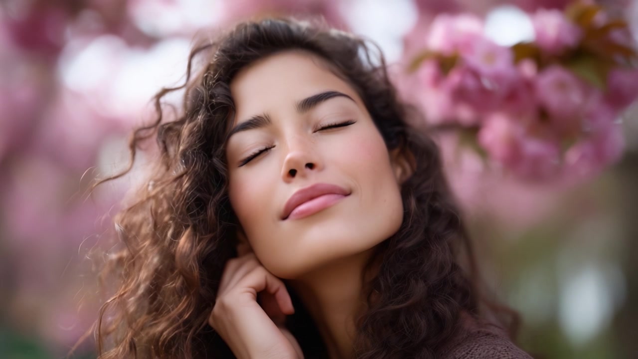 Un ritratto sereno di una giovane donna in un contesto di ciliegi in fiore, che cattura un momento di pace e bellezza naturale su uno sfondo floreale vibrante.
