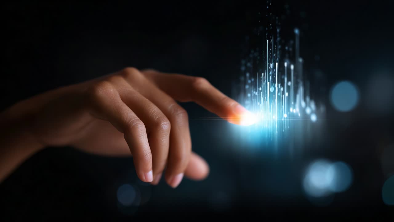A Close-up Moment of Digital Interaction: A Hand Reaching Towards a Bright, Ethereal Light Emitting Vibrant Data Patterns Against a Dark Background, Symbolizing Technology and Connection