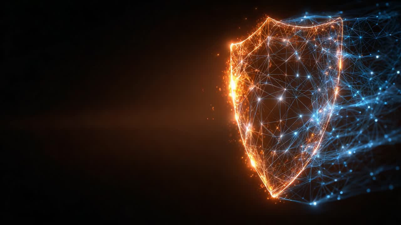 Dynamic Shield Visualization: A Stunning Representation of Digital Security through 3D Graphics, Combining Vibrant Colors and Innovative Data Patterns in a Schematic Format