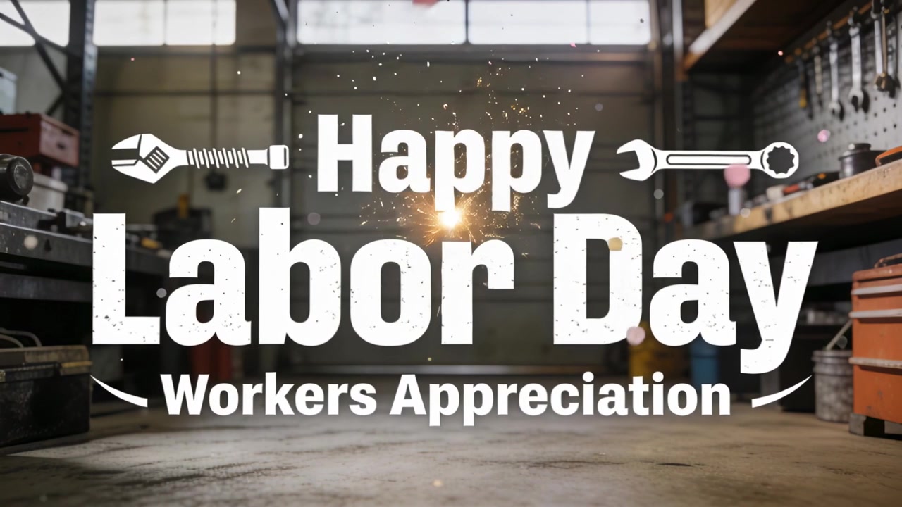 Showing Happy Labor Day text staying centered in garage, sparking confetti and embers honoring crew