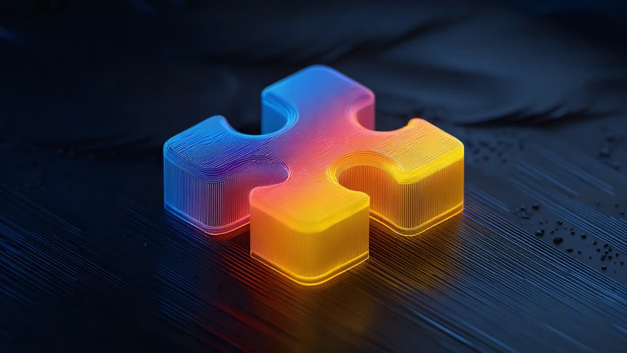 A Vibrant, Glossy Puzzle Piece Reflecting Light Against a Dark Background, Showcasing Intricate Textures and Dynamic Color Gradients