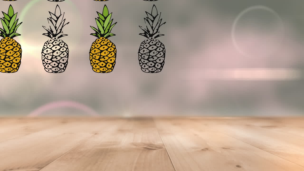 보케 효과와 반 ⁇ 이는 점에 대항하여 나무 바닥에서 움직이는 파인애플의 애니메이션