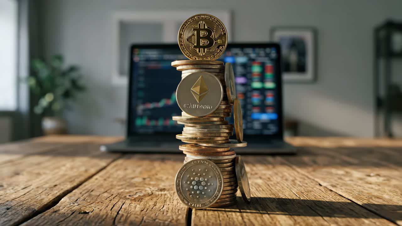 Monete di valuta digitale in rotazione su una scrivania con laptop e grafici di trading