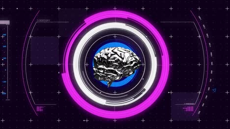 animación del cerebro humano y escaneo de alcance en fondo púrpura