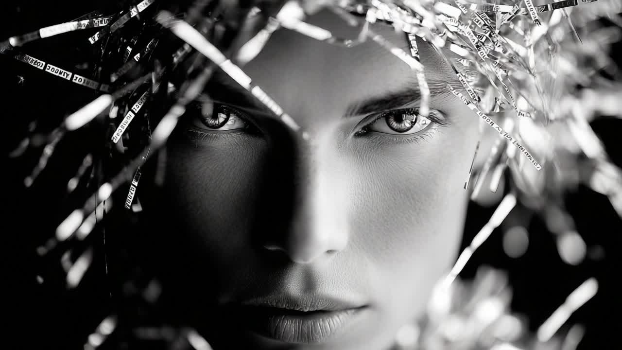A striking portrait features a close-up of a person's face framed with shiny metallic strips, showcasing intense eyes and a captivating expression in a monochromatic style