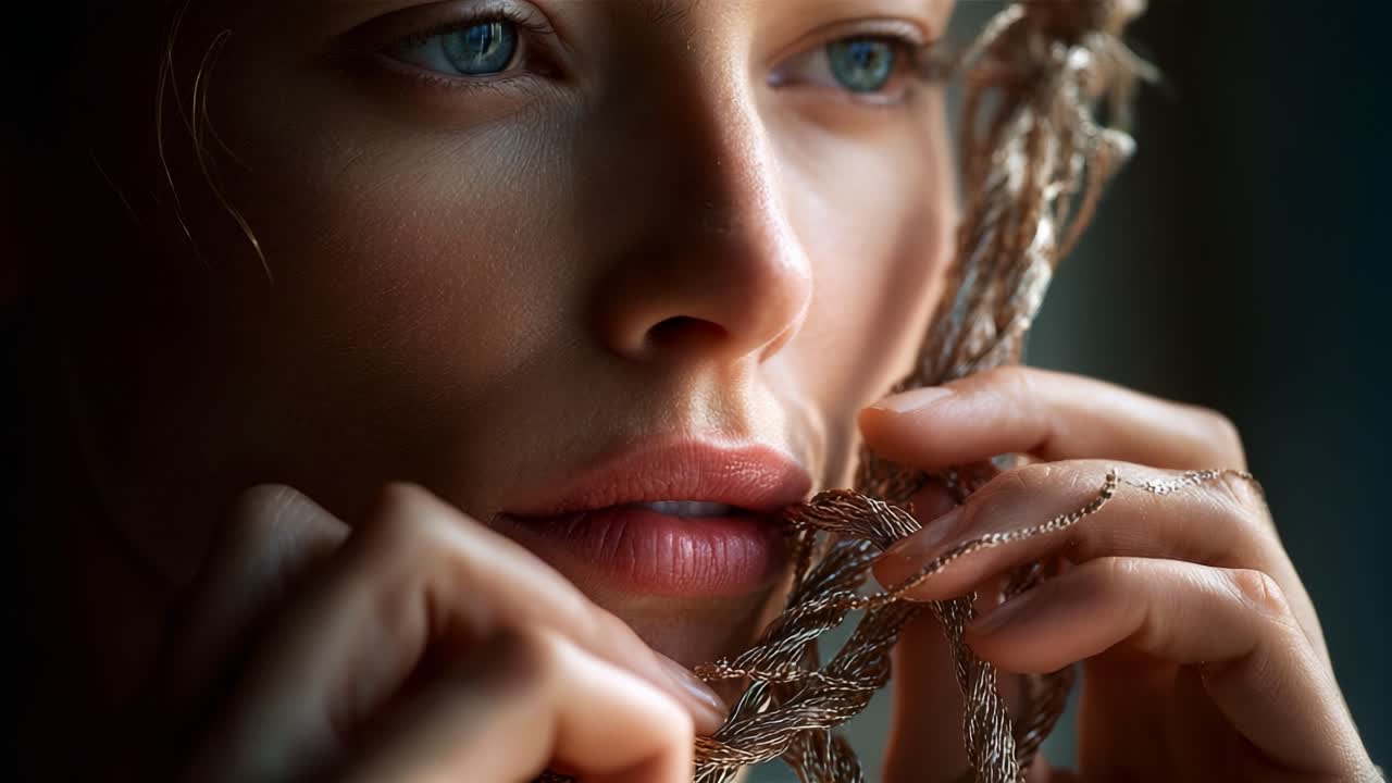 A close-up exploration of emotion and texture, showcasing a person's delicate features intertwined with intricate strands that evoke a sense of intimacy and contemplation