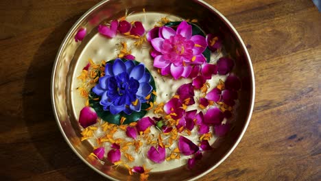 decorated flowers kept in copper plat at festival at home form top angle