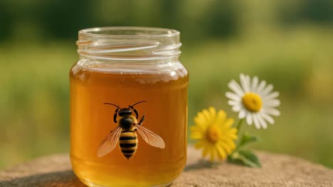 Close-up video still of a honey jar with a bee, set against a blurred natural background