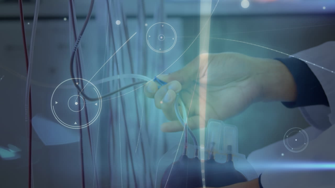 백인 남성 의사 의 손 위 에 연결 된 네트워크 의 애니메이션 이 방울 을 검사 하고 있다