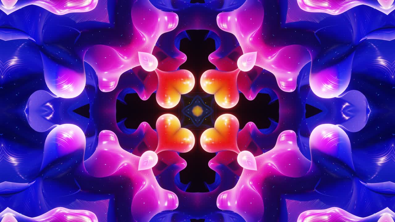 estructuras 3d simétricas abstractas como el caleidoscopio líquido en animación en bucle, gradientes de color suaves con brillo brillante. efecto caleidoscopia con ondas abstractas. hermoso patrón 3d abstracto bg. dof