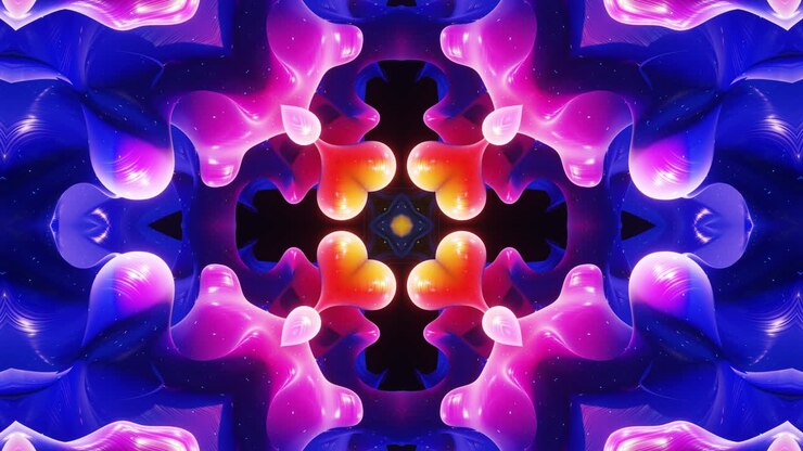 abstract symmetric 3D structures like liquid kaleidoscope in looped animation, smooth color gradients with glow glitter. Kaleidoscope effect with abstract waves. Beautiful abstract bg 3d pattern. DOF