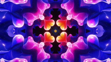 abstract symmetric 3d structures like liquid kaleidoscope in looped animation, smooth color gradients with glow glitter. kaleidoscope effect with abstract waves. beautiful abstract bg 3d pattern. dof