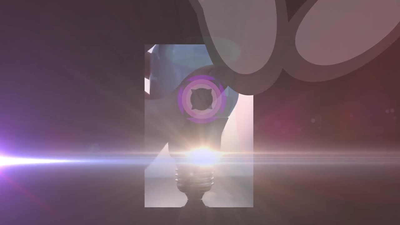 검은 바탕에 모양과 전구 위에 빛의 흔적의 애니메이션