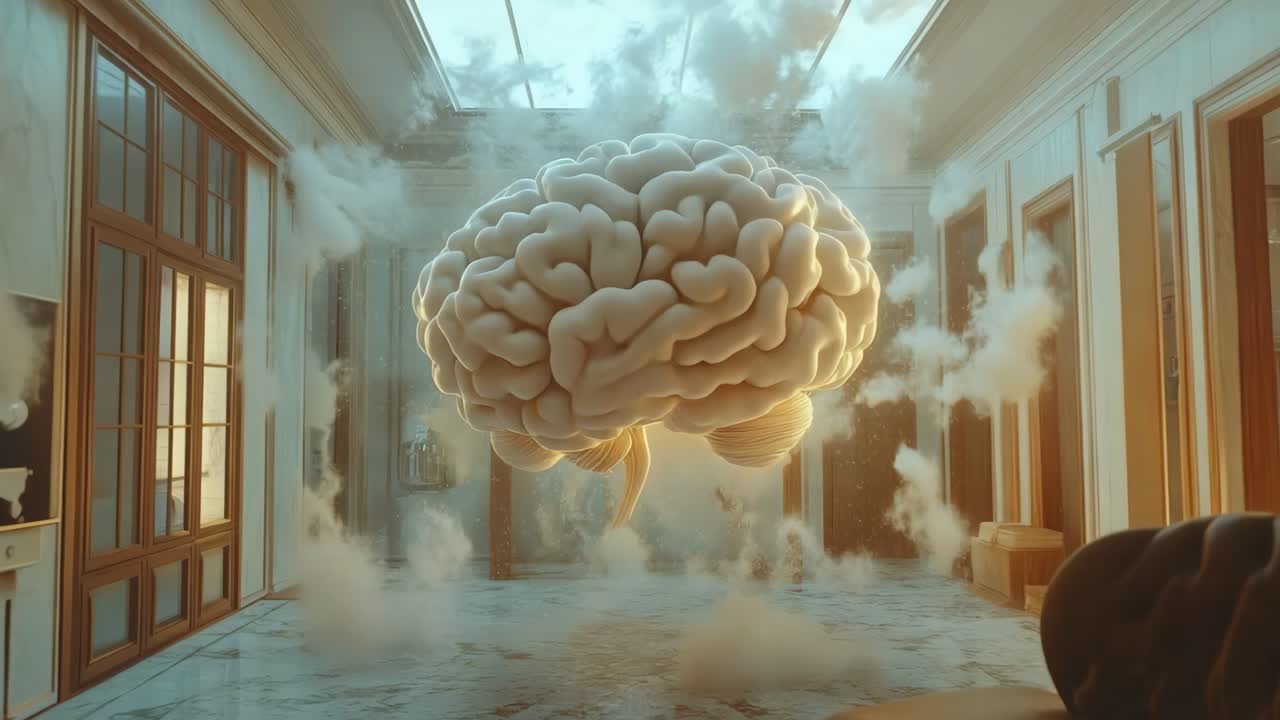 cerebro flotante en un pasillo surrealista