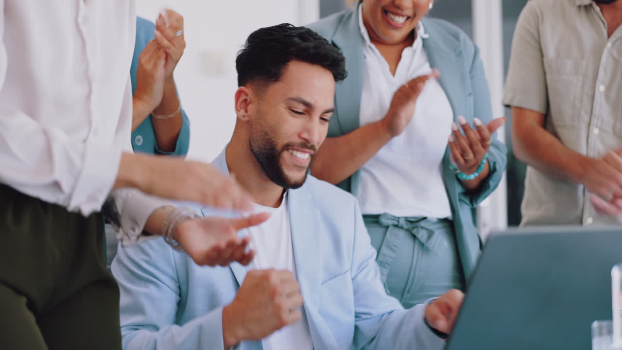 Business man, laptop and celebration applause