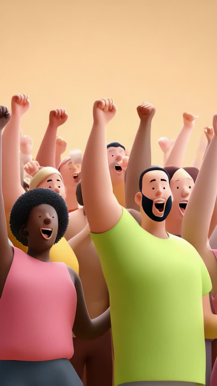 Vibrant Celebration Of Unity: A Group Of Animated Characters Gathered Together Joyfully Expressing Their Excitement With Raised Arms And Happy Expressions