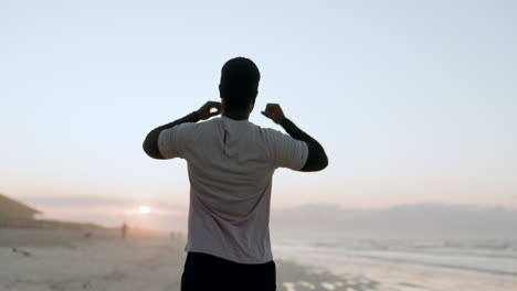 beach, man and yes celebration for fitness