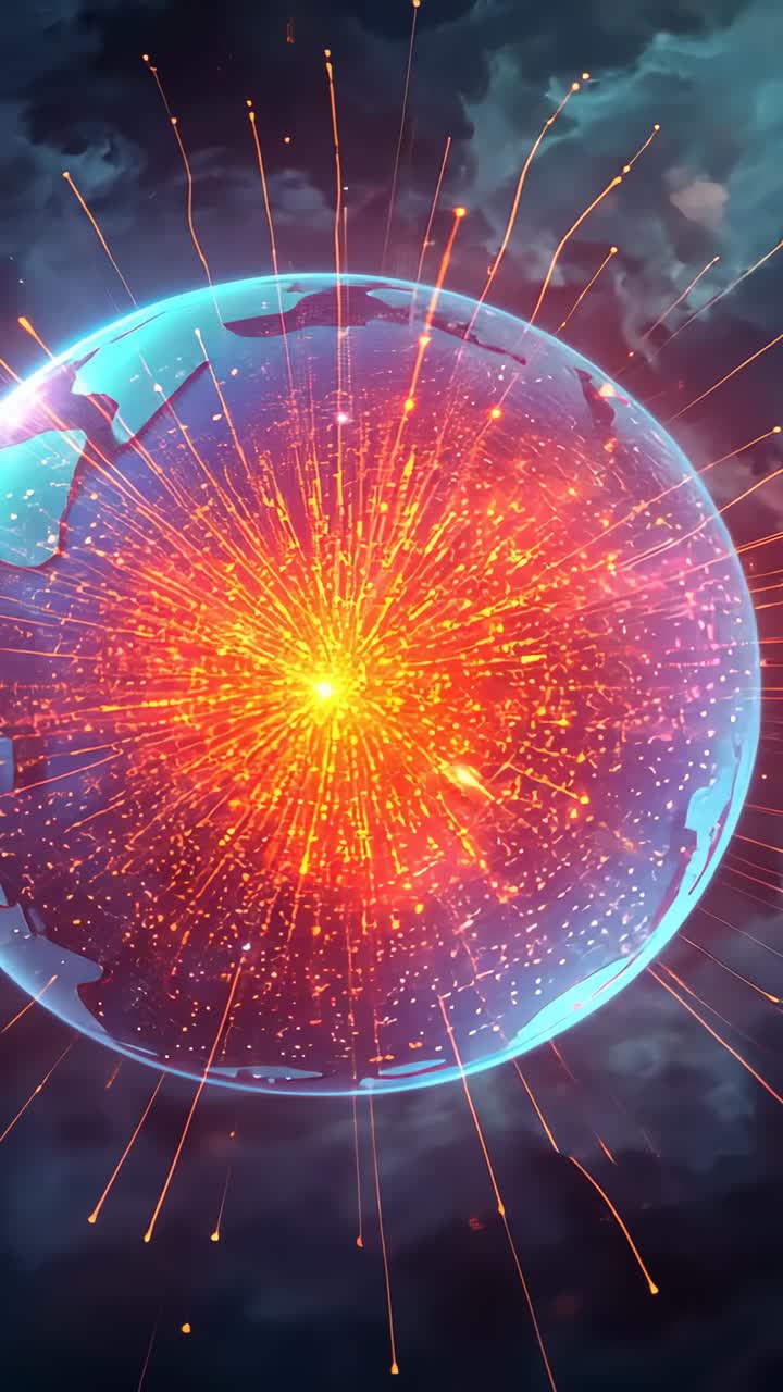 Vertical video: Pulsing core driving bluish globe sending streaks, embers and particles over nebula