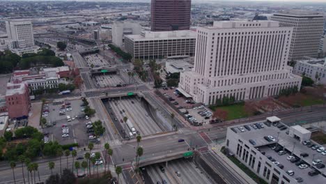 aerial view of traffic on us-101 highway and spring street courthouse, los angeles ca usa