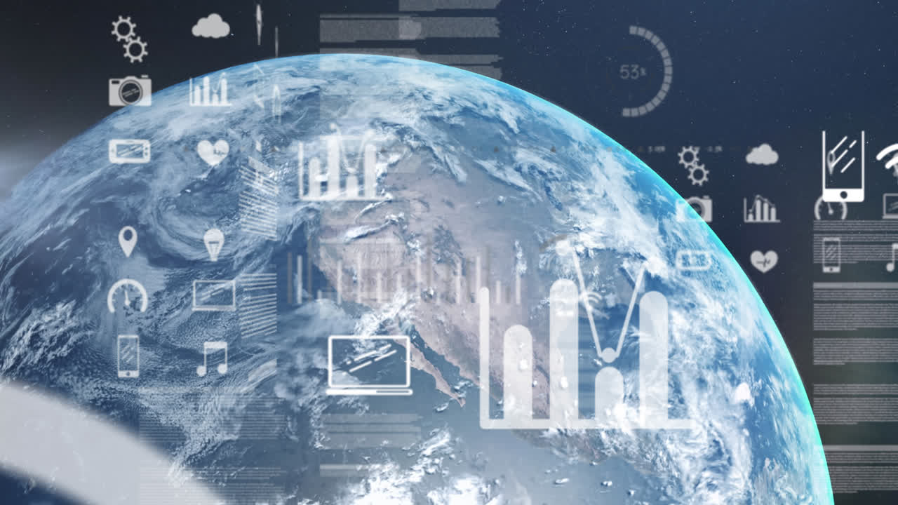 파란색 배경에 전 세계 디지털 온라인 아이콘의 애니메이션