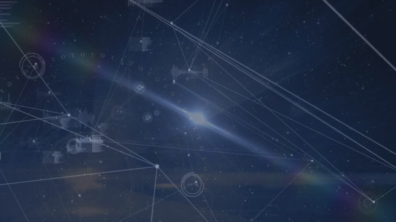 animación de la red de conexiones y procesamiento de datos contra un punto de luz sobre fondo azul.