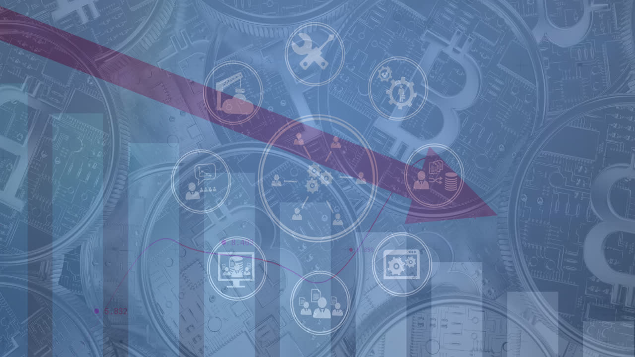 animación del procesamiento de datos financieros con flecha roja descendente e íconos sobre bitcoins