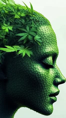 nature-inspired woman art. a stylized representation of a woman's profile blending with lush green foliage, symbolizing harmony with nature.