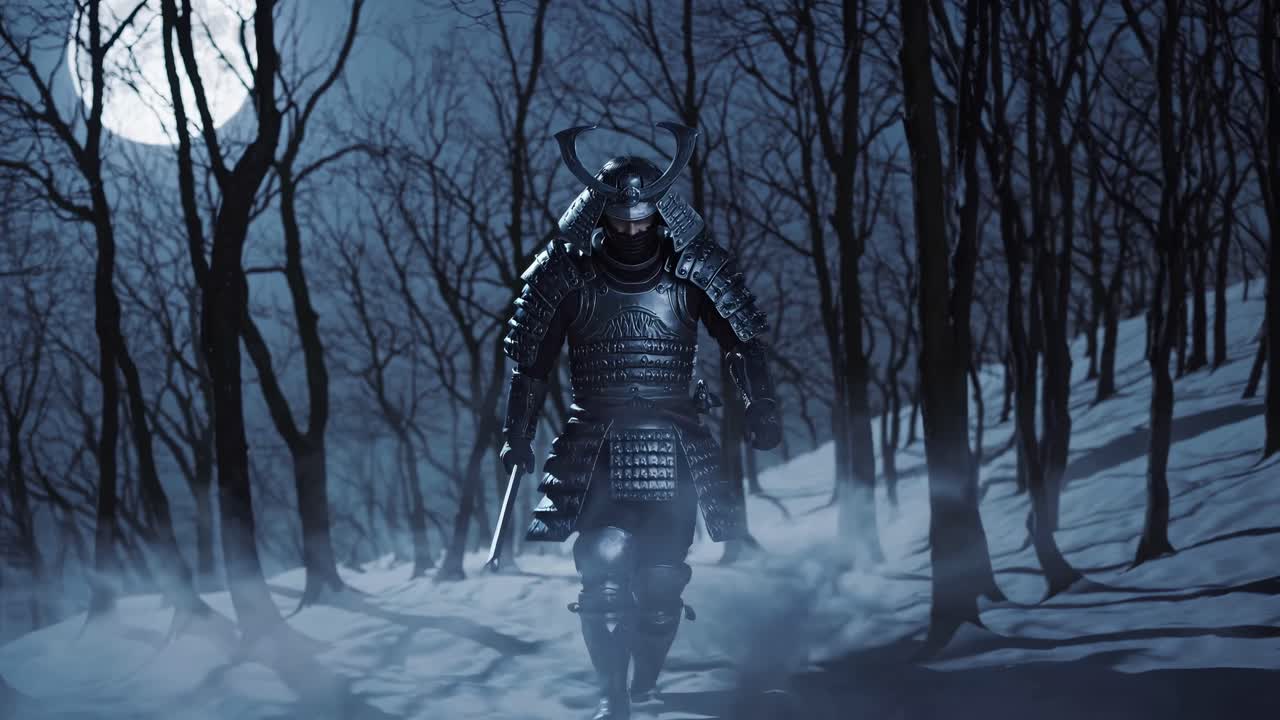 A samurai in full armor walks through a snowy forest at night