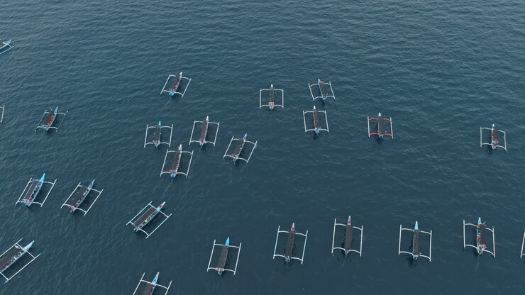 Traditional balinese jukung boats sailing for dolphin watching tour