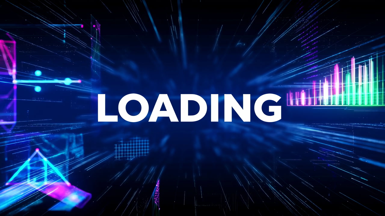 Loading Neon Digital Interface With Equalizer And Holographic Icons, Streaking Blue And Purple Light Trails,