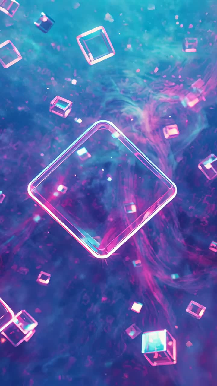 Vertical video: Fading into view, large neon cube rotating in haze, with wireframe cubes orbiting
