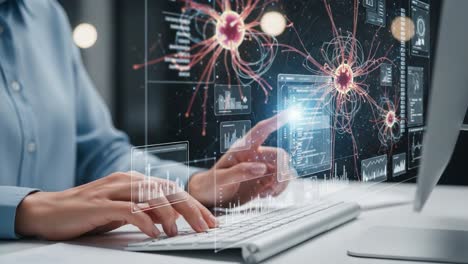 a close-up view of a user interacting with advanced data visualization on a sleek digital screen, showcasing interactive graphs and impressive network patterns that represent complex information dynamically