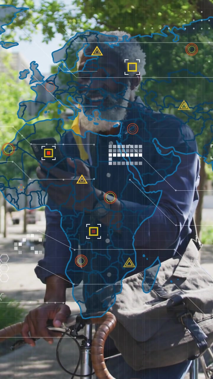 Video verticale: Pendolare che tocca il telefono, mappa che appare e poi icone HUD che si espandono mostrando i dati del percorso.