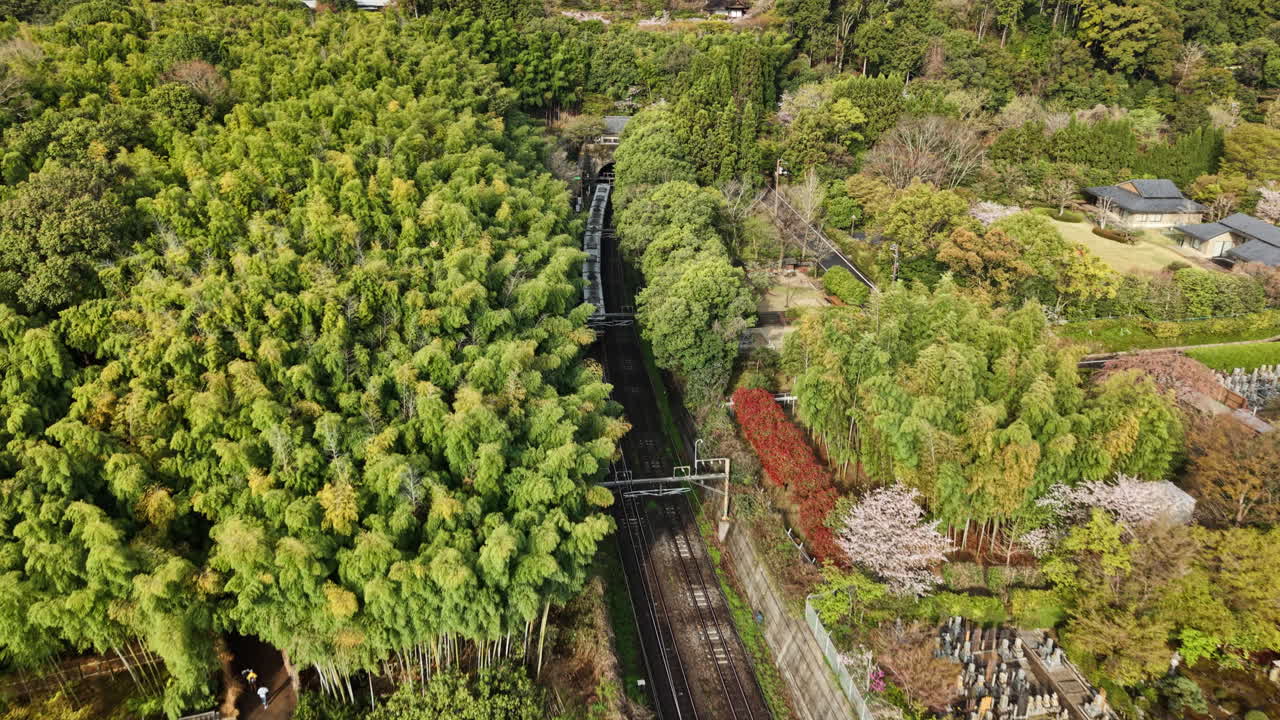 Aerial drone view of the Arashiyama district in Kyoto Japan in daylight