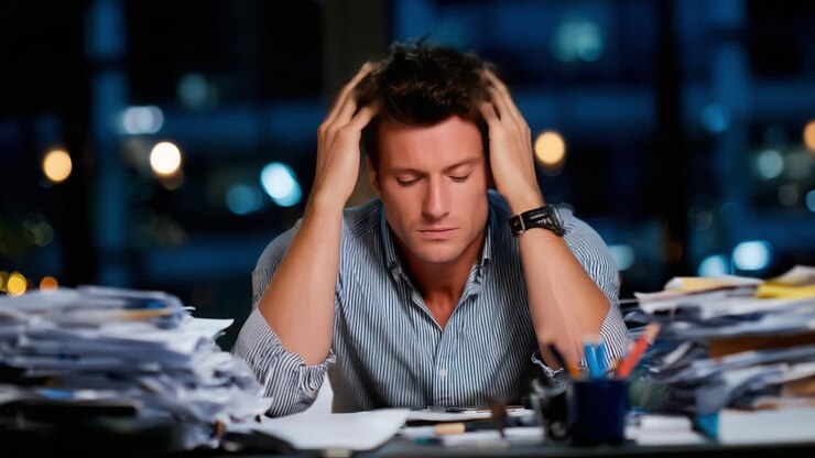 Un individuo stressato affronta una documentazione travolgente in un ambiente d'ufficio scarsamente illuminato, catturando l'essenza della tensione e del peso nella vita lavorativa moderna