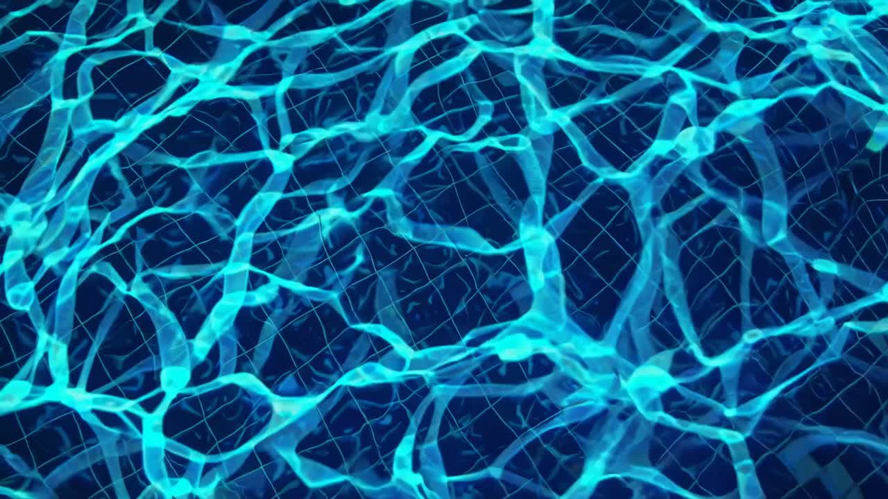 Top-down view of a swimming pool with sunlight creating dynamic patterns on the water's surface