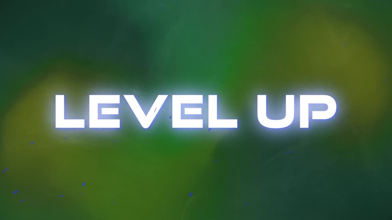 Animation of level up text over moving green background
