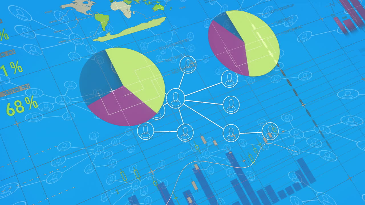 Animation showing colorful pie charts and network connections over financial data