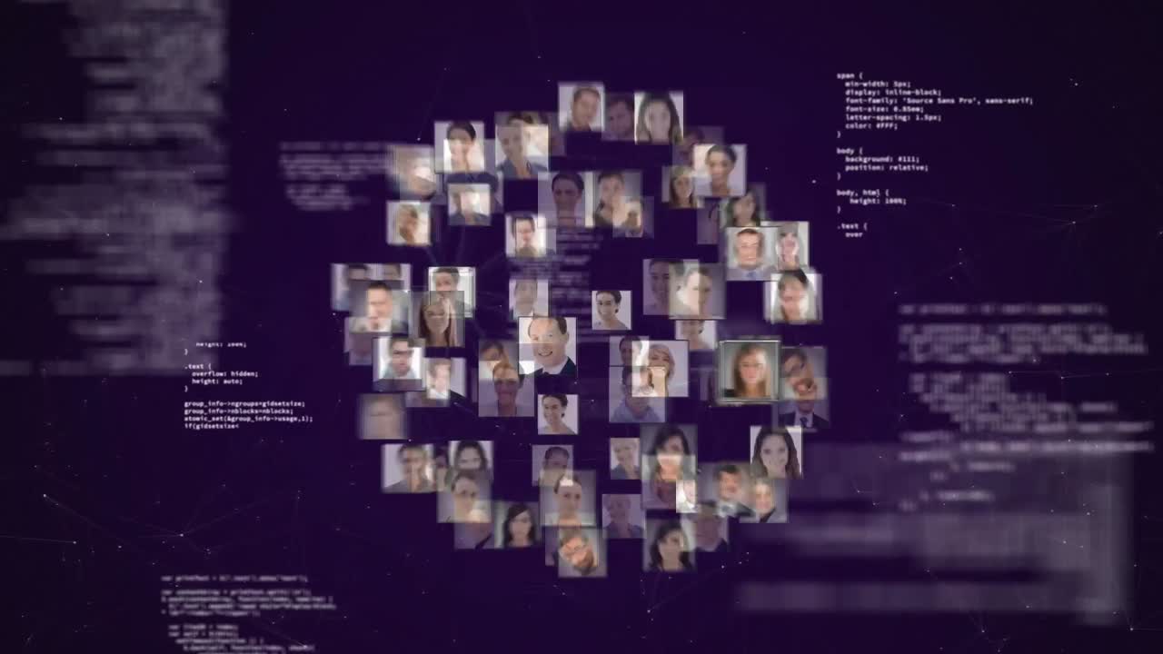 Animation of globe with network of photos of people and data processing on purple background