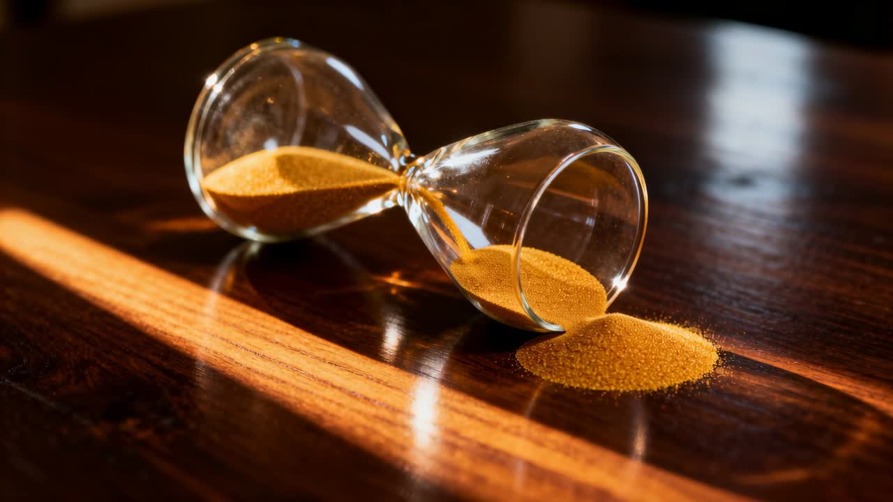 Vertical video: Tipped hourglass spilling sand on wood table under warm beam for business deadline