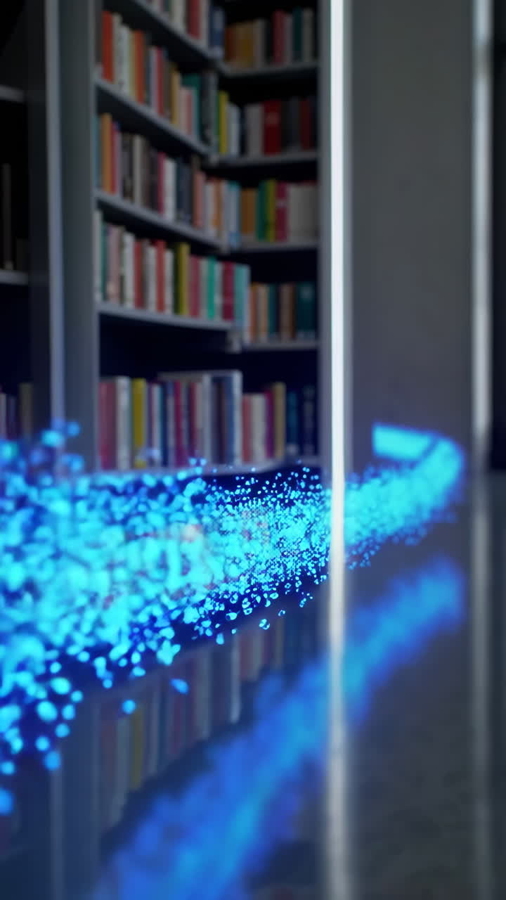 Interno di Biblioteca Moderna e Particelle Digitali Astratte