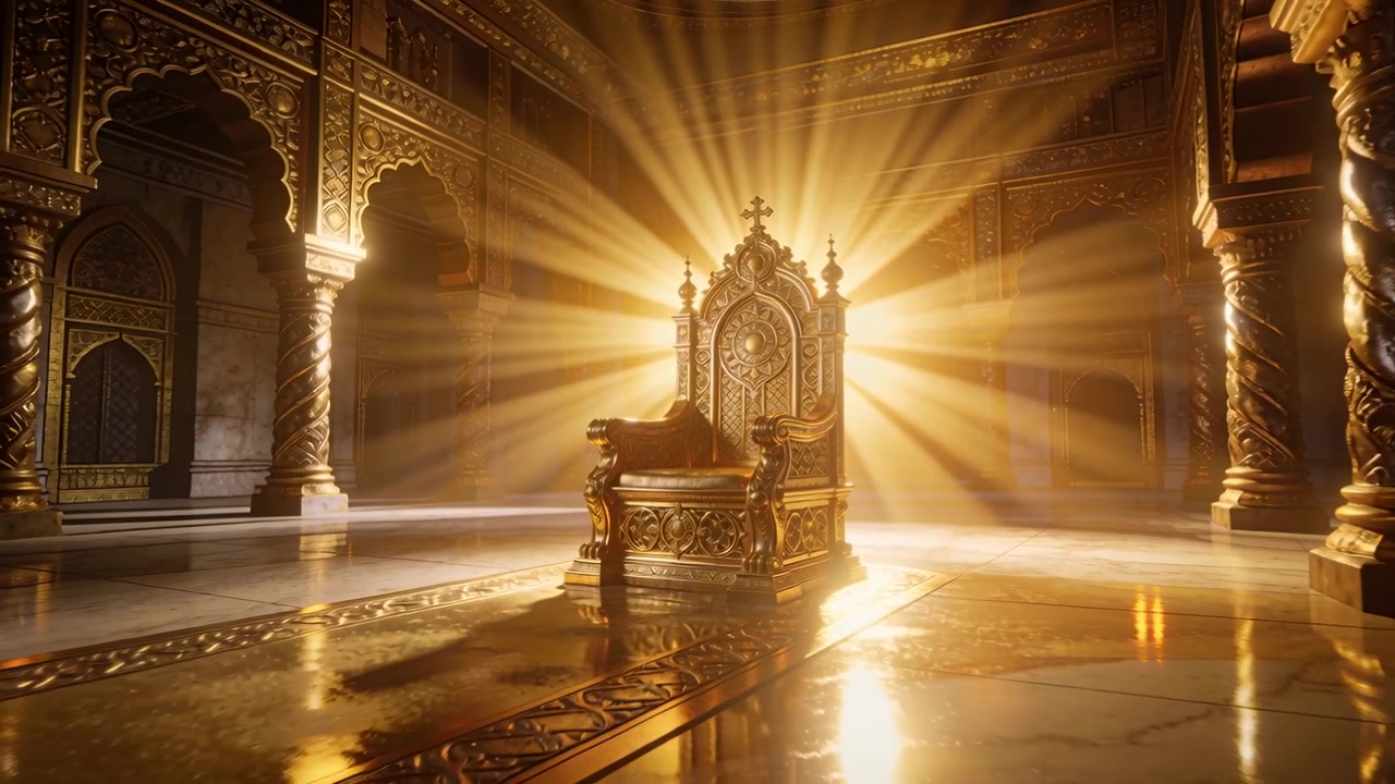 Pulling back camera revealing ornate gold throne in palace, light spreading, highlighting carvings